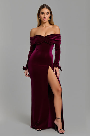 Off The Shoulder Velvet Sheath Burgundy Holiday Dress With Slit